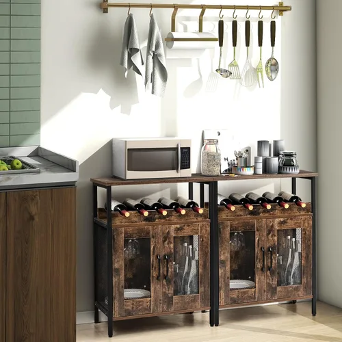 Vista 4 de Giantex Armario industrial para licores con soporte para vidrio, estante extraíble para vino, 2 puertas de malla metálica, aparador pequeño