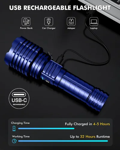 Vista 5 de Linterna súper brillante de 5000.000 lúmenes de alta luminosidad, linternas LED recargables alimentadas por batería, linterna táctica impermeable