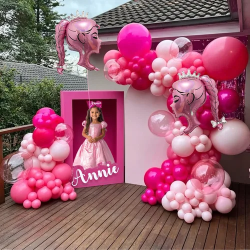 Vista 3 de 2 globos de papel de aluminio de princesa rosa, arco de cabeza de niña, globos de corona de muñeca para decoración de fiesta temática de princesa