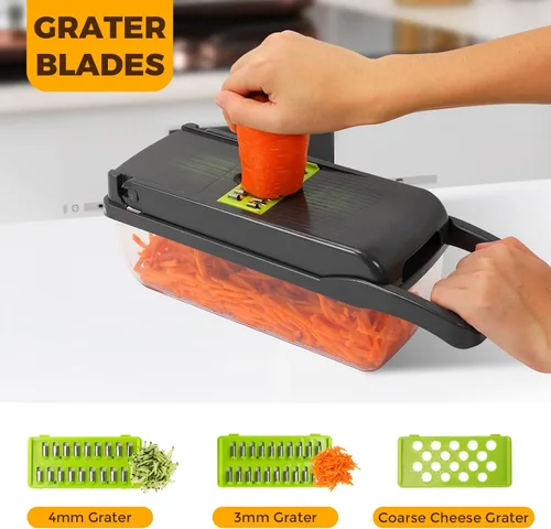 Vista 5 de Pro - Picador de verduras 14 en 1 multifuncional con 7 cuchillas, cebolla, zanahoria, cortador de ajo, gris