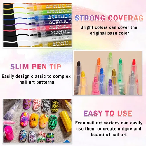 Vista 3 de IONSGAKO Juego de bolígrafos de arte de uñas de 12 colores, bolígrafos de esmalte de uñas, bolígrafo de dibujo de arte de uñas, secado rápido