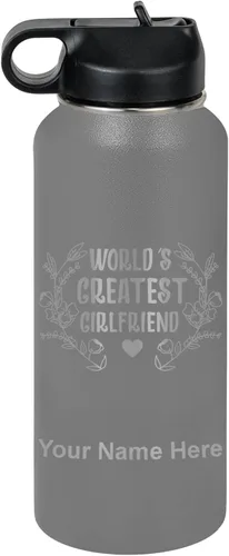 Vista 45 de LaserGram Botella de agua personalizada, World's Greatest Girlfriend, acero inoxidable de doble pared aislada al vacío con popote superior, regalo