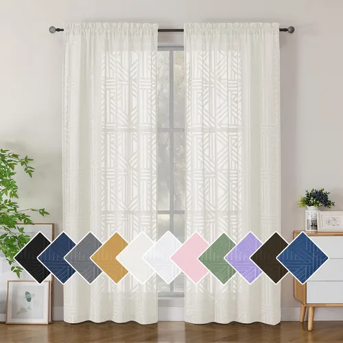 Vista 25 de Simplebrand Cortinas traslúcidas negras de cocina de 24 pulgadas de largo, 2 paneles, filtrado de luz, geométrico jacquard con textura, cortinas