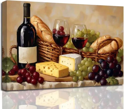 Vista 8 de XLMDYYSW Arte de pared vintage para cocina, imagen rústica de vino tinto y uva, pintura de queso de granja, botella de vino, impresiones en lienzo