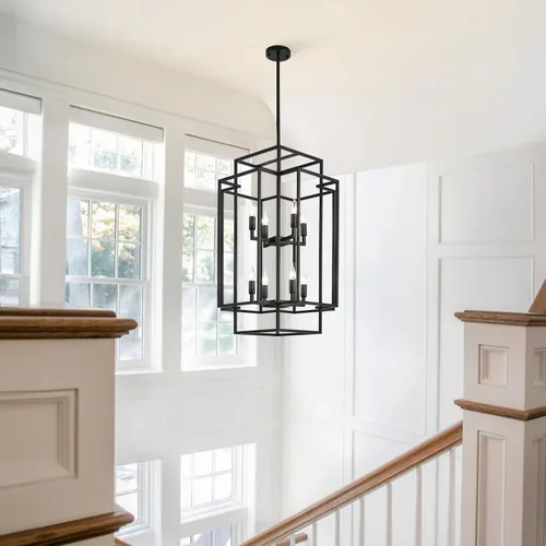 Vista 2 de Candelabro Negro de Granja, Candelabros Grandes para Techos Altos, Lámpara Colgante de Linterna Escalonada de 8 Luces, Accesorios de Iluminación