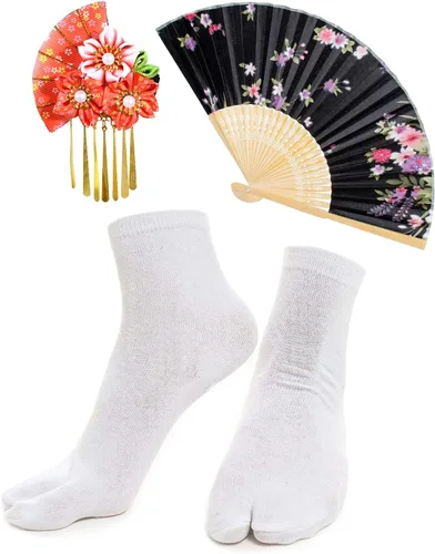 Vista 6 de Elibelle Kimono para mujer Geisha Yukata Sweet Tuxedo Ruffle Dress Blossom Satin Bathrobe Sleep Fan Tabi Socks Set
