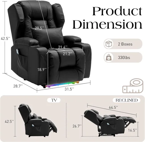 Vista 2 de Sillas reclinables eléctricas para adultos con masaje y calor, silla reclinable individual de piel sintética, sofá reclinable reclinable para cine