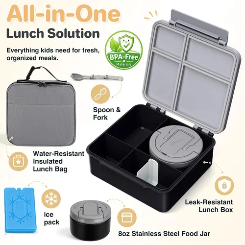 Vista 2 de Lonchera Bento con termo de sopa de 8 onzas, a prueba de fugas, 4 compartimentos, para niños, con taza de salsa y bolsa de hielo, tarro de comida