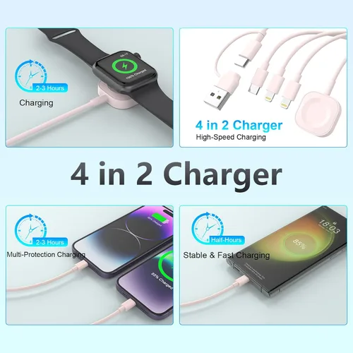 Vista 2 de Cable de carga 4 en 2 iWatch para reloj y iPhone, cable de carga de 6 pies/5.9 ft, combo de cargador para iPhone y reloj, cable de carga múltiple