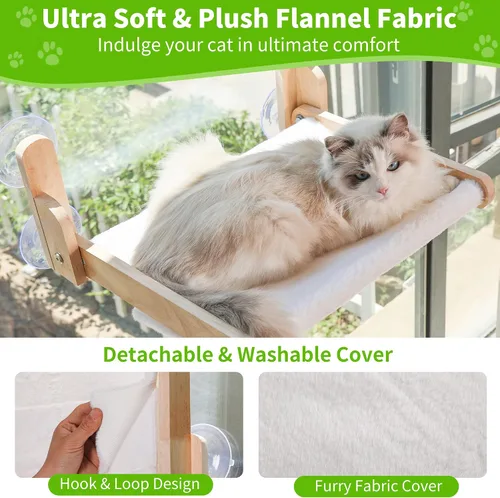 Vista 3 de Percha de Ventana para Gatos con Marco de Madera – Cama Hamaca Plegable para Gatos Aloxina para Gatos de Interior, Cubierta de Piel de Conejo Suave