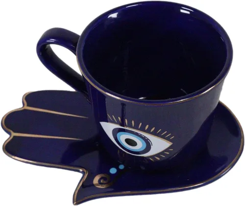 Vista 4 de Ebros Gift Wicca Occult Evil Eye Of Providence With Hamsa Quirología Quirología Palmistry Taza de café Taza de té con platillo Juego de vasos Wicca