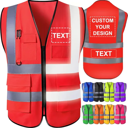 Vista 9 de Chaleco de seguridad personalizado para hombre con bolsillos con logo, chalecos reflectantes de alta visibilidad para construcción, ropa