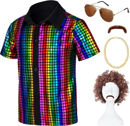 Vista 3 de 5 piezas de disfraz de discoteca de los años 60 y 70 para niños, camisas de lentejuelas para niños, fiesta de Halloween, cosplay, 3 a 12 años