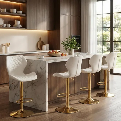 Vista 8 de CIMOTA Juego de 2 taburetes de bar giratorios de terciopelo blanco, sillas de bar de altura de mostrador con respaldo/base dorada, silla moderna