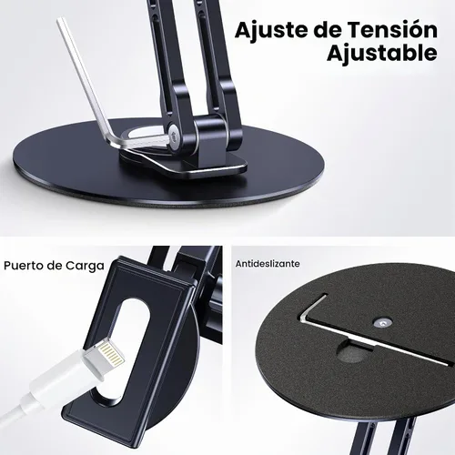 Vista 4 de Soporte para tableta para iPad, ajustable con base giratoria de 360 grados para escritorio Soporte giratorio de aluminio para tableta compatible