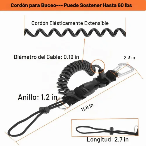 Vista 2 de Cordón de buceo, clip de acero inoxidable con resorte en espiral con correa de cincha, hebilla de liberación rápida, ideal para buceo, linternas