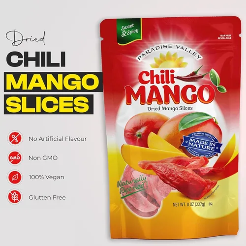 Vista 2 de Sabor original de mango y chile seco, sin azúcar, 100% vagano, sin OMG, sin glutten (todos los ingredientes naturales) (2.25 onzas) paquete de 12