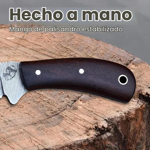 Vista 4 de Knives Ranch Cuchillo EDC hecho a mano de acero de Damasco de 5.5 pulgadas, hoja fija de espiga completa, mango de palisandro, funda de cuero