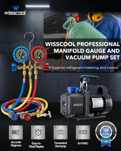 Vista 2 de Bomba de vacío Wisscool de 3.5 CFM y kit de manómetro múltiple de 3 vías