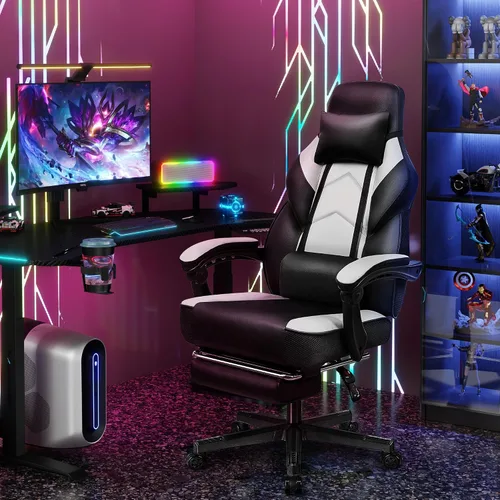 Vista 2 de Silla de juegos para adultos, sillas de juegos con reposapiés, silla ergonómica de videojuegos con masaje lumbar grande y alta silla de computadora