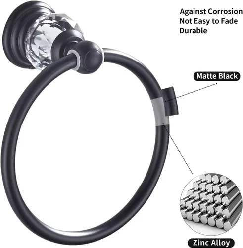 Vista 3 de Anillo de toalla de cristal negro, soporte para toallas de baño, negro mate, soporte para toallas de baño, soporte para toalla de mano para baño