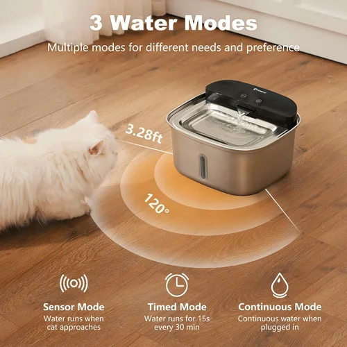 Vista 2 de Fuente de agua inalámbrica para gatos de acero inoxidable, dispensador de agua automático inalámbrico de 128 onzas / 3.78 L para gatos y perros