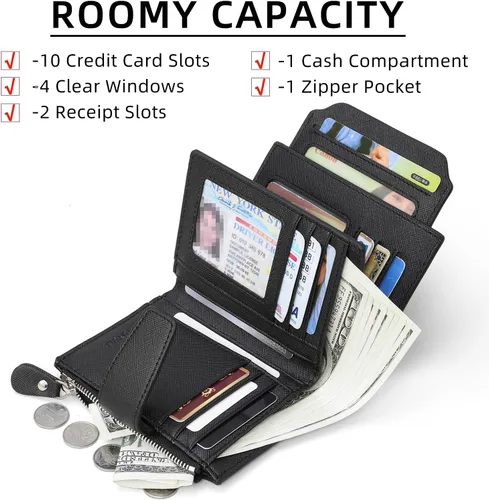 Vista 2 de Cartera pequeña de cuero para mujer, con bloqueo RFID, tarjetero de lujo con bolsillo para monedas, ventana de identificación, Negro -, Elegancia