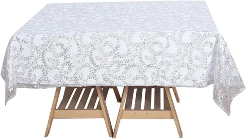 Vista 6 de Efavormart - Superposición de mesa de tul bordado de hojas de lentejuelas plateadas de 72 x 72 pulgadas, mantel cuadrado transparente Plateado