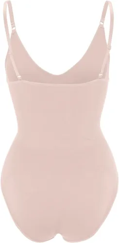 Vista 6 de Tanga moldeadora para mujer con control de abdomen con brasier integrado cuello en V profundo color beige