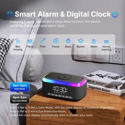 Vista 6 de Altavoz Bluetooth S300, altavoz portátil con carga inalámbrica de 15 W, luz nocturna de 13 colores, alarma, ruido blanco, radio, estéreo de 16 W