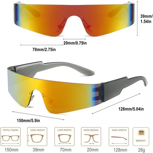 Vista 4 de Y2K - Gafas de sol futuristas envolventes para hombres y mujeres, visera cibernética, deportes, monobloque cíclope (marco gris, lente roja espejo)