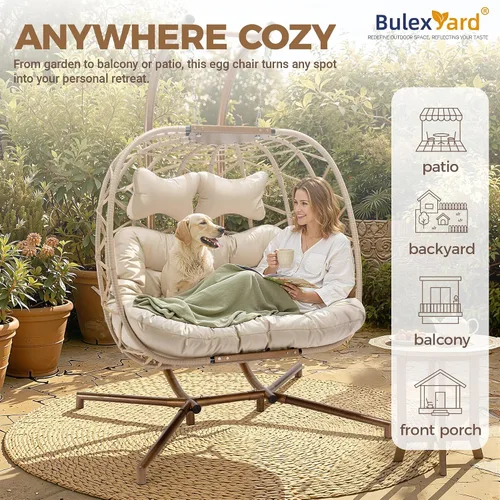 Vista 9 de BULEXYARD Silla columpio doble con soporte, asiento de gran tamaño para 2