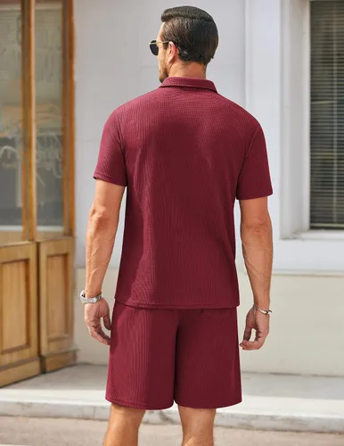 Vista 3 de COOFANDY Conjunto de camisa polo y pantalones cortos de punto gofre para hombre, conjunto de 2 piezas, traje de verano casual con bolsillos