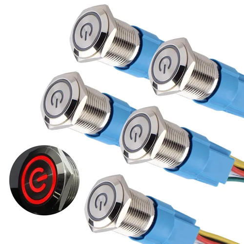 Vista 11 de 5 piezas de interruptor de botón de presión de cierre de metal de 16 mm impermeable, carcasa plateada, 12V-24V, 1NO 1NC, encendido/apagado