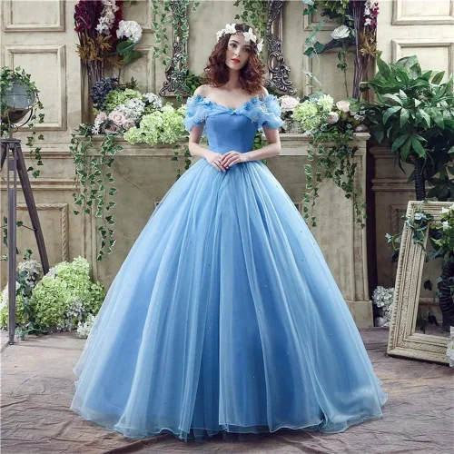Vista 2 de Vestido de baile azul 2021, vestido de baile de graduación, vestido de princesa Cenicienta, vestido de cosplay con hombros descubiertos, vestido