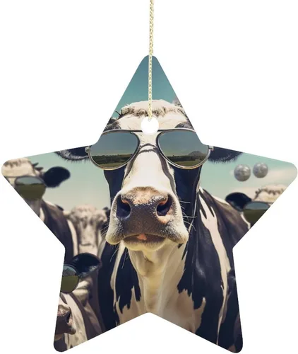 Vista 15 de Adorno de vacas en gafas de sol de porcelana de doble cara de 3 pulgadas, casa de campo, árbol de Navidad, accesorios para colgar, adorno de regalo