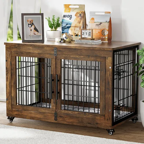 Vista 12 de YaFiti Mueble de jaula para perros con cojín, perrera de madera para interiores con puertas dobles, jaula para perros con ruedas, mesa auxiliar