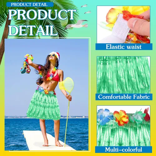 Vista 3 de Juego de 50 faldas de hula con flores, 10 faldas de hierba hawaiana para niñas, 10 Leis hawaianos 10, collar Luau, 20 pulseras tropicales, traje
