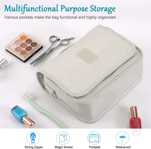 Vista 3 de Trawila Neceser colgante de viaje, bolsa de cosméticos, organizador de maquillaje para hombres y mujeres con gancho resistente, Beige, Moda