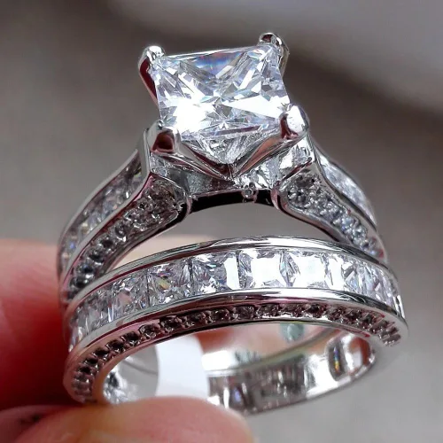 Vista 5 de Luxury and Shining - Juego de anillos de compromiso 2 en 1 para mujer, diseño vintage de diamantes blancos y plata