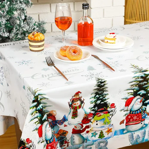 Vista 2 de BBTO 4 manteles rectangulares de Navidad impermeables con diseño de muñeco de nieve de invierno, copos de nieve, mantel impermeable de tela