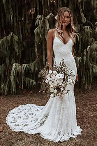 Vista 2 de Tsbridal Vestidos de novia bohemios de sirena vestidos de novia de encaje para playa jardín vestidos de novia color marfil con bolsillo