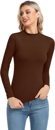 Vista 2 de Camiseta térmica básica de manga larga para mujer, ligera, con cuello alto falso, ajustada, capa suave