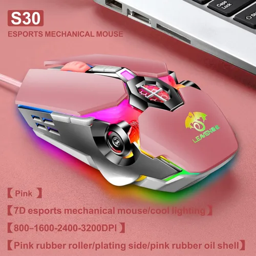 Vista 2 de Mouse para juegos con cable, USB óptico para computadora con retroiluminación RGB, 7 DPI ajustables hasta 3200, mouse ergonómico para computadora