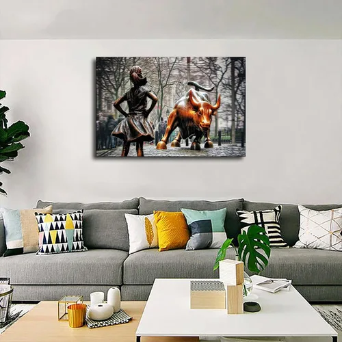 Vista 2 de Póster de estatuas de toros de Fearless Girl and Wall Street con impresión en lienzo, arte de pared, regalo de vacaciones, baño, sala de estar