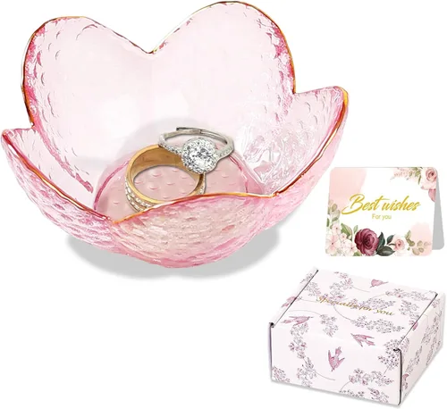 Vista 20 de Regalos para mujeres, plato para baratijas con flores, plato para joyería de vidrio rosa, soporte para anillos, bandeja de joyería, decoración