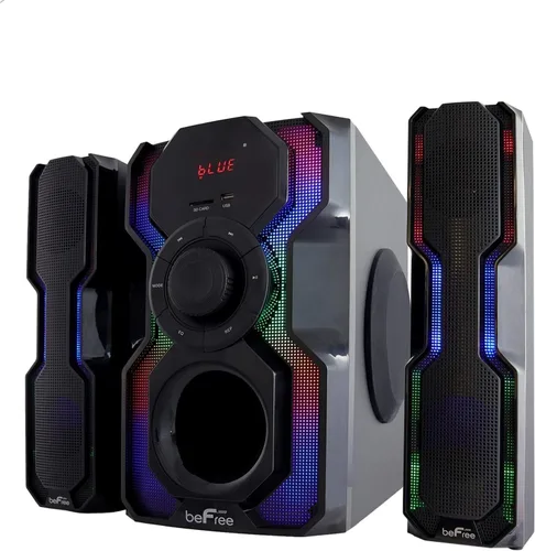 Vista 3 de beFree Sound Sistema de estéreo en estante con cable de 2.1 canales Bluetooth multimedia con luces LED reactivas, radio FM, USB y entradas SD