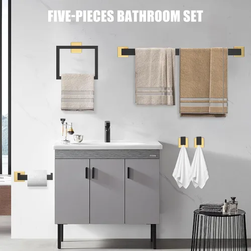 Vista 6 de Juego de barras para toallas de 5 piezas en negro y dorado - Accesorios de baño dorados y negros con 2 ganchos para toallas, juego de barras