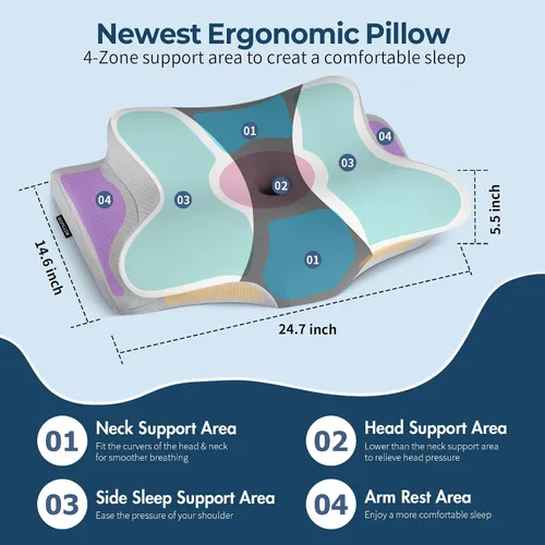 Vista 4 de Almohada cervical para aliviar el dolor de cuello, almohada cervical ergonómica para dormir, almohadas refrescantes de espuma viscoelástica