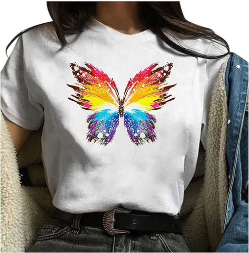 Vista 2 de Camisas Manga Corta Mujer Blusas Estampado Libélula y Mariposa a la Moda Camisetas Manga Corta Corazón Estampado